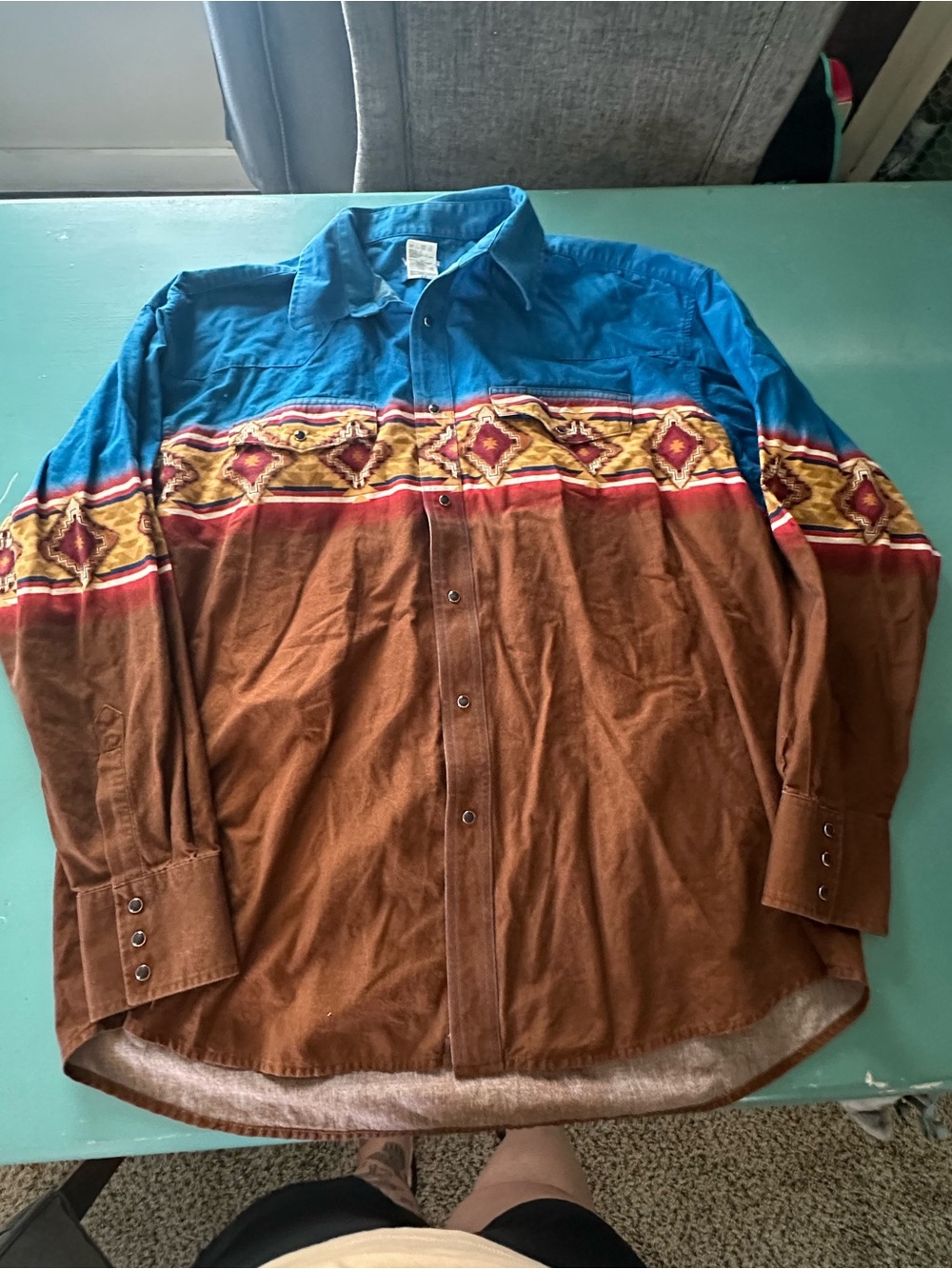Vintage Wrangler Two-Tone Button-Up Shirt in Teal & Brown